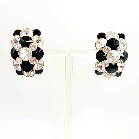 Super Bling Rhinestone Rivoli Earrings Artisan Made Crystal & Black Post Back - Picture 3 of 9